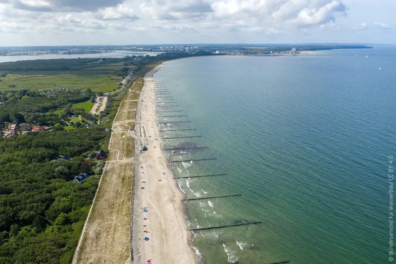 Luftfoto af stranden ved Markgrafenheide mod Warnemünde